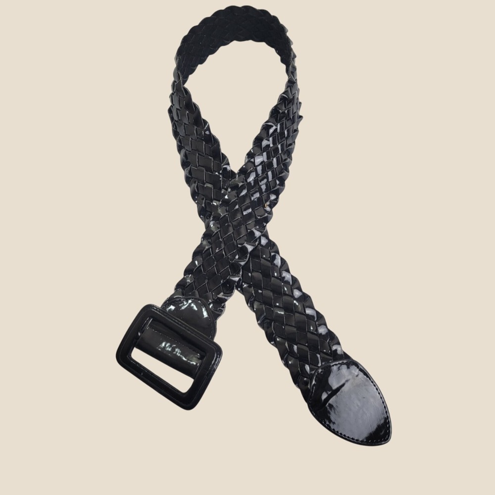 Amiee Lynn Leather Belt Braided Woven Glossy Y2K Retro Chic Black Medium